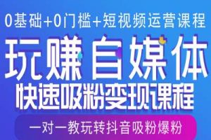 0基础+0门槛+短视频运营课程，玩赚自媒体快速吸粉变现课程，一对一教玩转抖音吸粉爆粉